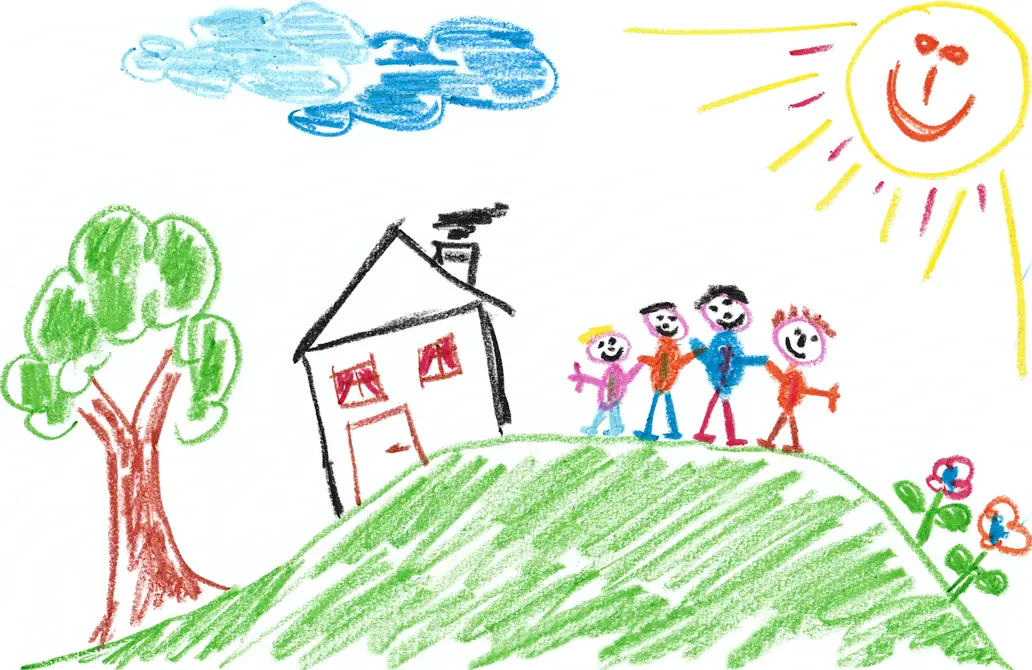 Ein gemaltes Bild mit der Familie im heimischen Garten und die Sonne lacht.