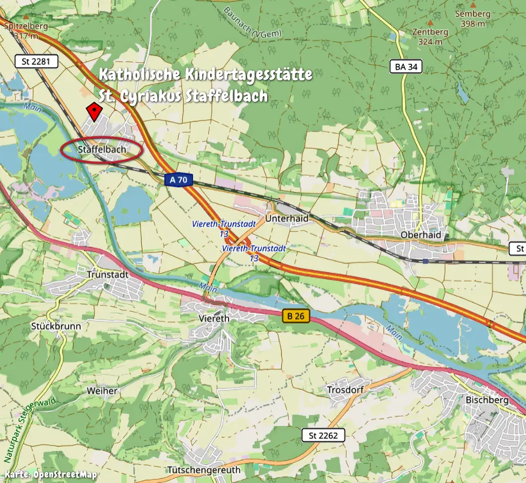 Karte mit einen groben und einfachen Rundumblick des Einzugsgebiets fr Kinder der Kindertagessttte Staffelbach.